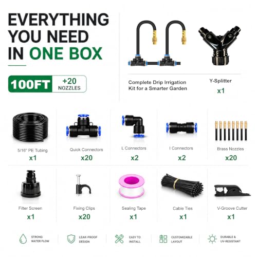 5/16" Drip Irrigation System 100 ft for with 20-Pcs 360° Adjustable Copper Nozzles for Garden, Automatic Misting Watering Sprinkler System Raised Beds, Greenhouse (100ft+20 nozzles) - size: 100ft+20 nozzles