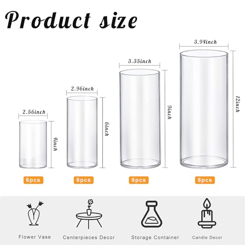 24 Pack Thick Glass Cylinder Vases 4,6,9,12 Inch Tall Clear Flower Vase Hurricane Floating Candle Holder for Table Centerpiece Wedding Home Decor - size: 24 Pack (4,6,9,12 Inch )