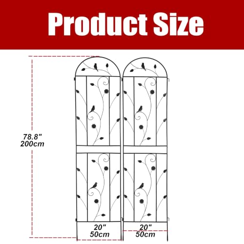 79" x 20" Garden Trellis & 31FT Solar String Lights for Climbing Plants Outdoor, Metal Garden Trellis with Rustproof Powder-Coated, Rose Trellis for Patio Lawn Yard (Vine Bird Panel, 2 Pack)