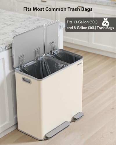 Lovewind Dual Trash Can, 14 + 6 Gallon Garbage Can for Kitchen Dual Compartment Recycling Kitchen Step Trash Bin, Stainless Steel Trash and Recycle Bin Combo with Soft-Close Lid, Apricot - color: Apricot, size: 14 + 6 Gallon