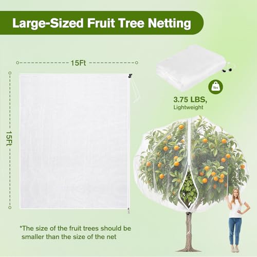 KEOHOLI 15FTx15FT Extra Large Fruit Tree Netting Reusable Durable Mesh Cover with Zipper and Drawstring for Fruit Tree Protection Cover from Birds Cicadas Squirrels and Insects - size: 15*15ft (1Pack, White)