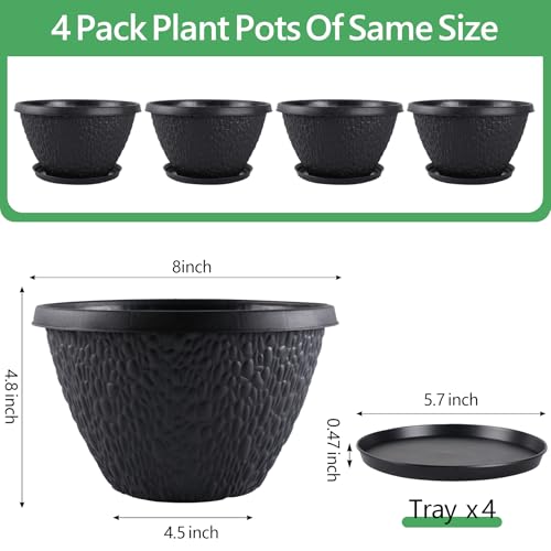 Nooulap 8 inch Plant Pots, Indoor Outdoor Small Planters, 4 Pack - color: Black Pebbles, size: 8 inch