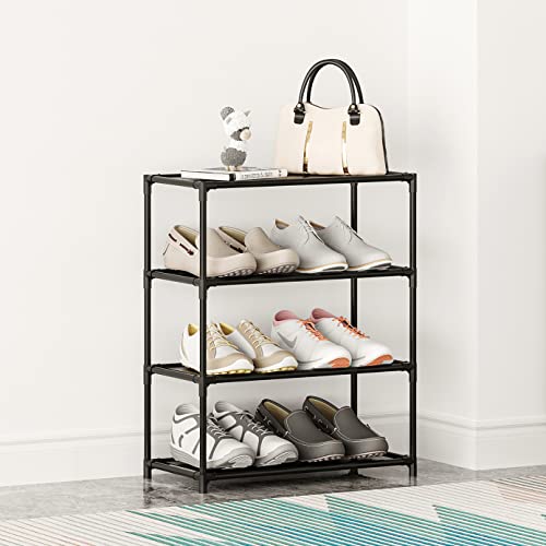 Small Shoe Rack 6-8 Pairs Sturdy Shoe Shelf 4-Tiers Narrow Stackable Shoe Organizer,Lightweight Kids Shoe Racks for Entryway, Doorway and Closet(Black) - size: 4-Black