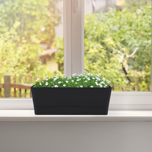 GREANER 6 Pack Herb Planters, 12x3.8 Inch Black Rectangle Window Boxes with Tray, Indoor Succulent Cactus Mint Plastic Pot for Windowsill, Balcony, Office, Outdoor Garden - size: 6Packs/12x3.8in-black