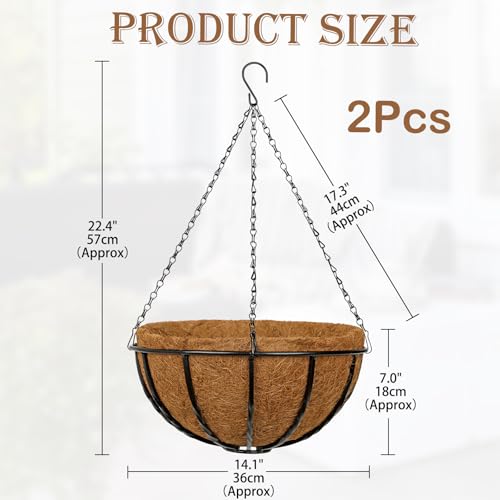 14 Inch Metal Hanging Basket with Coco Coir Liner for Flowers Planting - size: Twisted Bar 14" & 2 Pcs