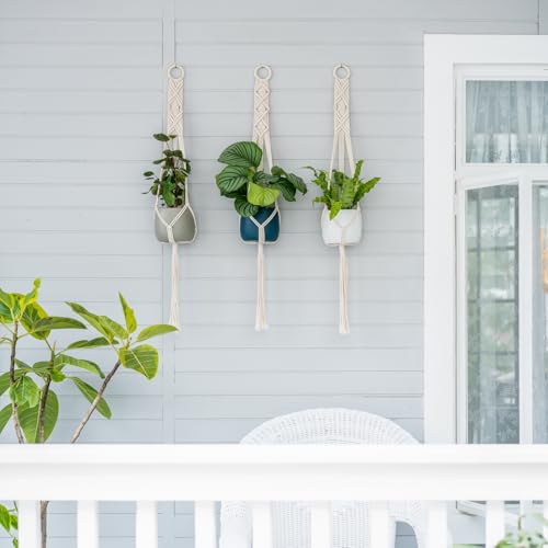 Mkono 3 Pack 39 Inch Macrame Plant Hangers Indoor Wall Hanging Planter Basket Flower Pot Holder Boho Home Decor, Ivory