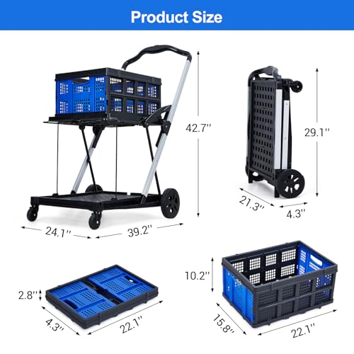 Jojoka Heavy Duty 2-Tier Collapsible Garden Cart – Lightweight Aluminum-PP Frame – 360° Swivel Wheels – Removable Crate for Market, Office, Travel, Home – 198 lbs Capacity, Blue - color: Blue