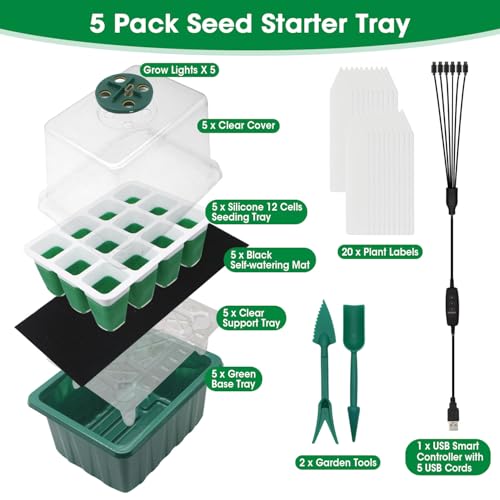 5PCS 60 Cell Self Watering Seed Starter Tray with Grow Light, Reusable Silicone Seed Starter Kit with Humidity Dome, 60 Cells Plant Germination Trays for Seeding Planting Growing(5-Pack 60-Cell)