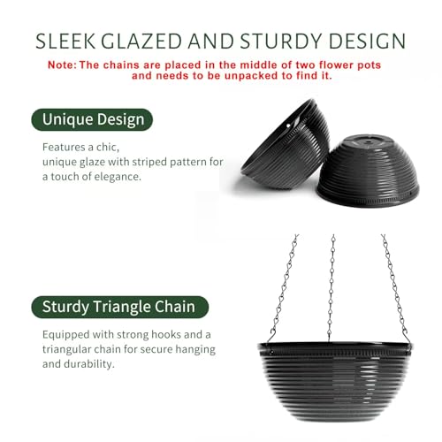10 Inch Hanging Planters for Indoor/Outdoor Plants, Glazed Hanging Baskets - color: Black, size: 10inch