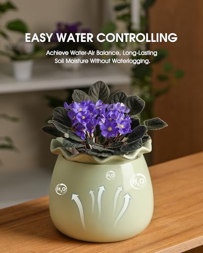Fayoula Self Watering Plant Pot, 6 Inch African Violet Pots Maintenance, Ceramic Self-Watering Planter for Indoor Plants - Ideal Flower Pot for Thriving Indoor Gardens, Green - color: Green