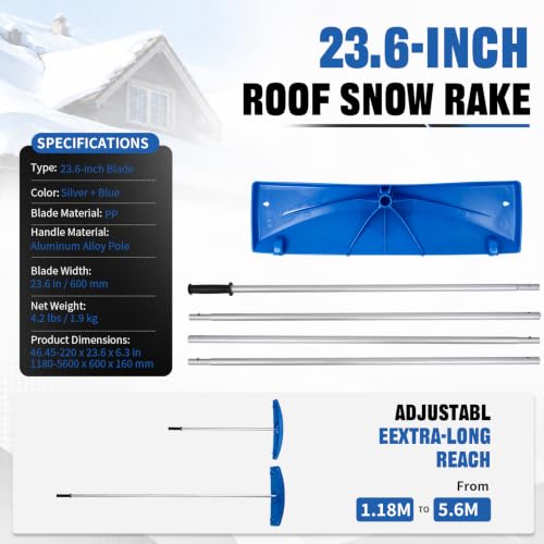 Outvita 18.4FT Snow Roof Rake, 24 in PP Plastic Blade with Wheels, Blue - color: Blue, size: 18.4FT