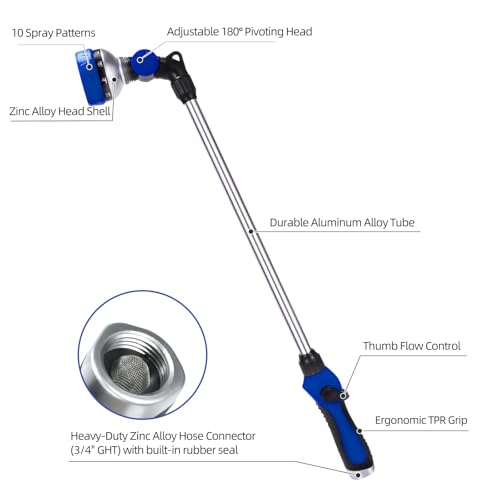 Watering Wand for Garden Hose, 24 Inch, Heavy Duty, 10 Spray Patterns, Thumb Control Hose Nozzle with 180° Pivoting Head, Ideal for Hanging Baskets, Plants and Shrubs - color: Blue
