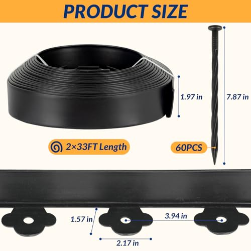 Landscape Edging Garden Kit No Dig 2IN 66FT with 100 Spikes Heavy Duty - size: 66FT