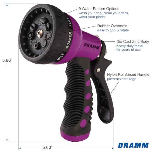 Dramm Revolver Heavy Duty Metal Garden Hose Nozzle – 9 Spray Patterns, High Pressure Jet, Thumb-Control Flow, Ergonomic Grip – Berry - color: Berry, size: Revolver