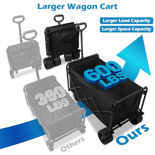 600LBS Beach Wagons Carts Foldable for Sand, Heavy Duty Collapsible Wagon with Brakes & All-Terrain Big Wheels, Large Foldable Folding Wagons for Beach Camp Sports Grocery, Portable - color: Black_600lbs