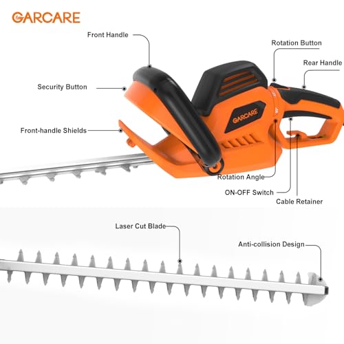 GARCARE 24-Inch Corded Hedge Trimmer Electric 680W 180° Rotating Handle