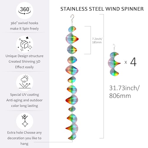 Aoedelyart Rainbow Wave Wind Spinners Outdoor Hanging Decor Wind Sculpture,7In Stainless Steel Bird Scare Devices Reflective Wind Spinner,Bird Deterrents for Outside,Yard Garden Ornaments Gifts(4Pack) - color: 006-rainbow Wind Spinner 4pack