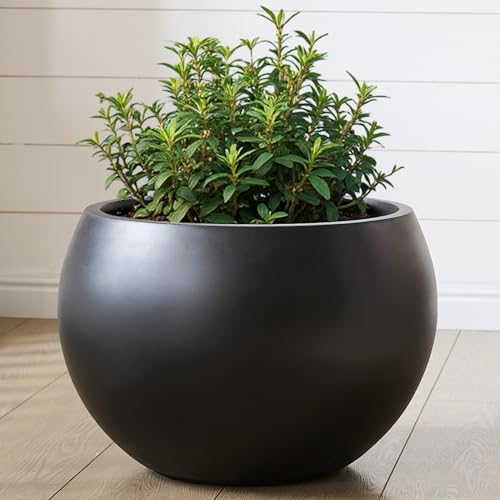 15.8"Dia x 10.9"H Fiberstone Sphere Planter, Black Round Flower Pot - color: Black, size: Medium