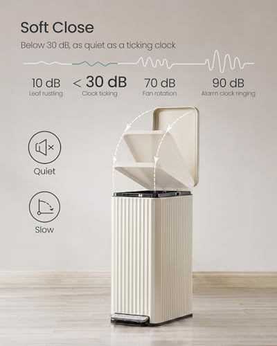 SONGMICS Trash Can, 13 Gallon (50 L) Slim, Stainless Steel, with Lid, Pedal - color: Cream White, size: 13 Gallon (Slim)