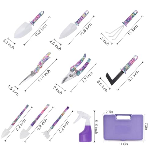 APSARAS USA Gardening Tools, 10 Pieces Gardening Tool Set with Purple Floral Print,Ergonomic Handle Trowel Rake Weeder Pruner Shears Sprayer with Carrying Case Garden Tool Set Gifts for Women - style: Purple Floral with Case