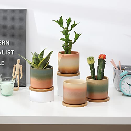 4 Inch Cylinder Ceramic Plant Pots with Drainage Hole and Saucers, Small Glazed Gradient Colors Flower Pot with Trays for Indoor Planter, Succulent, Cactus and Herbs, Set of 4 - color: Gradient Colors