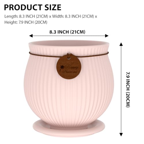 8.3 Inch Pink Ceramic Planter with Drainage Hole and Saucer - color: Pink, size: Large