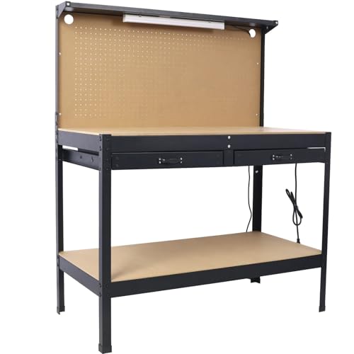 Heavy-Duty Workbench with Pegboard, Two Drawers, and LED Light, Multipurpose Garage Workstation