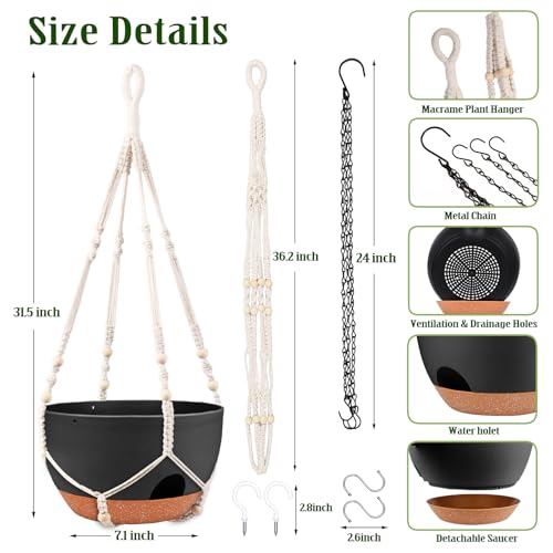 12 Inch Hanging Basket Planter with Chain & Rope for Indoor Outdoor Plants - color: 2 Type Plant Hangers Black, size: 12 Inch