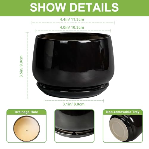 G EPGardening Small Ceramic Planter - 4 Inch Succulent Pots with Drainage Hole & Sacuer, Flower Pots for Indoor Outdoor Plants, Modern Decorative Round Planter, Room Decor, House Warming Gifts, Black - color: Black, size: 4 Inch