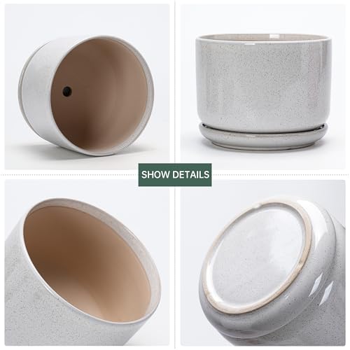 Ceramic Planters,Plant Pots with Saucers Set of 3(Reactive Glaze White) - color: Speck
