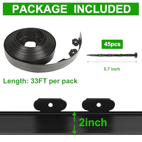 JERIA 2 Inch Tall 33 FT Garden Edging Kit with 45pcs Spikes, Plastic Edging for Landscaping - size: 2IN x 33FT