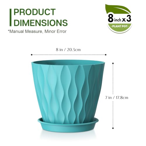 Plant Pots for Indoor Plants 3 Pack 8" Plastic Planters with Drainage Holes - color: Blue Green, size: 8 in 3pcs