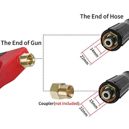 Sooprinse Short Pressure Washer Gun 3000 PSI, 7 Inch Replacement Extension Curved Wand, 5 Nozzle Tips, M22-14 Inlet - color: Red