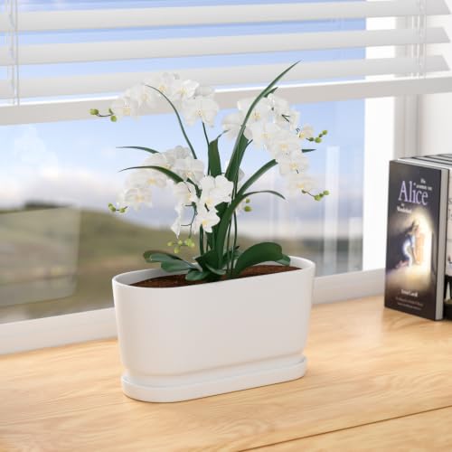 13" Rectangular Ceramic Planter with Drainage and Saucer, White - color: Matte White, size: Large