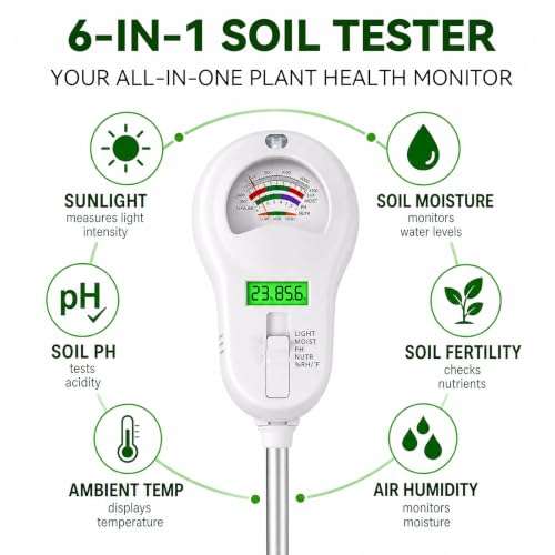 Soil Test Kit, 6-in-1 Soil Moisture Meter, PH/Sunlight/Soil Moisture/Fertility Monitor Indicator Sensor with 4 Removable Probe, Soil Tester for Garden, Lawn, Indoor and Outdoor Plants