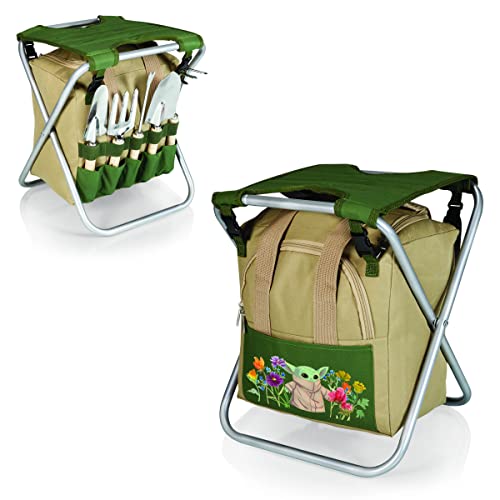 Picnic TIME Star Wars The Mandalorian Grogu Gardener Folding Seat with Tools, 5 Piece Garden Tool Set with Folding Stool and Detachable Tote Organizer, (Olive Green with Beige Accents) - color: Star Wars Mandalorian Grogu - Olive Green With Beige Accents