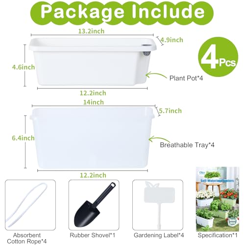 Oliz Window Box Planter 4 Packs, 14 Inches Rectangle Flower Pots with Breathable Drainage Holes, Pots for Vegetables, Herbs, Flowers, Garden Windowsill Balcony (Translucent White) - color: Translucent White