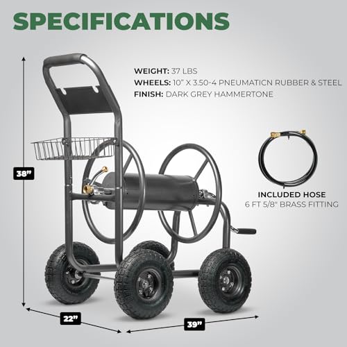 XtremepowerUS 4-Wheel Garden Hose Reel Cart with Storage Basket, Portable Residential Hose Reel Cart, Lawn Watering, for Garden Farm & Backyard