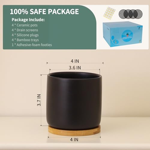 4 Inch Ceramic Plant Pots with Drainage Holes & Tray, Set of 4 - color: Black