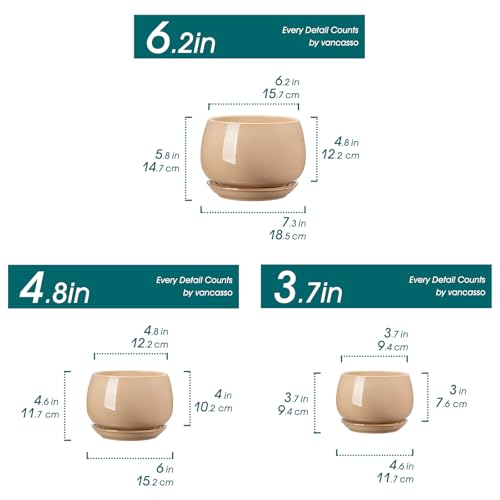 vancasso 3-Pack Ceramic Plant Pots, 3.7/4.8/6.2 Inch Indoor Planters with Saucers & Drainage Hole Planter pots for Indoor Plants and Flower, Brown - color: Brown, size: Small-3pcs/Set