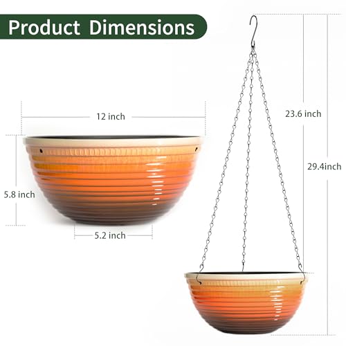 12 Inch Glazed Hanging Planters for Indoor Outdoor Plants, 2 Pack - color: Orange, size: 12inch