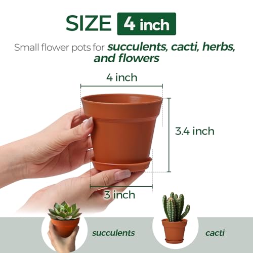 T4U Plant Pots for Indoor Plants 4 Inch, Plastic Flower Pot with Saucer - color: Terracotta, size: 4 In