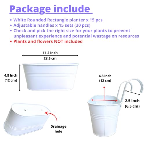 LaLaGreen Balcony Rail Planter (11.2 in, 15 Pack) White Metal Hanging Pots - size: 11.2" (28 cm) x 15 Pack