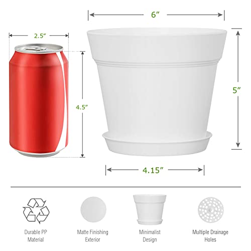 WOUSIWER 16 Pack 6 inch Plastic Planters for Indoor Flower Pots, Heavy Duty and Stylish 6 Inch Plant Pots for Indoor Plants with Drainage Holes and Tray for Plants, Flowers, White - color: White
