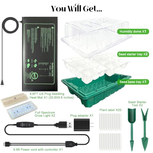 Seed Starter Trays with Grow Lights and Heat Mat for Seed Starting, Growing - size: 1-Pack 24-Cell, style: With Heat Mat