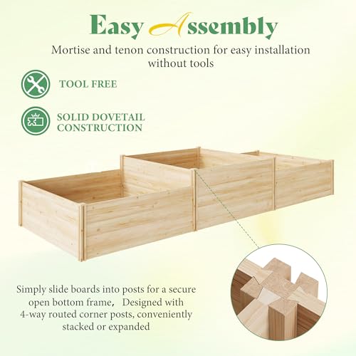 AMERLIFE 2 Tier Raised Garden Bed, Mortise & Tenon Structure 23 Inch Depth Fir Wood Planter Box, 3-Section with Open Base, Ideal for Vegetables, Flowers, Herbs in Backyard/Garden/Patio, 142x49x24 in - size: 11.84 x 4 x 1.97 ft