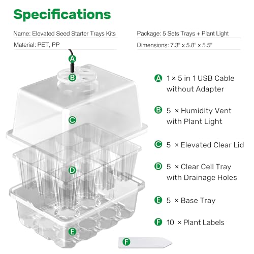 Bonviee Seed Starter Trays with 12-LED Grow Lights, Clear, 5 Pack - color: Clear, size: 5 Packs
