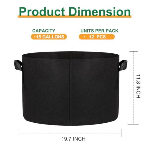 JERIA 12-Pack 15 Gallon Grow Bags, 300G Thickened Nonwoven Garden Pots,Heavy Duty Fabric Pots with Reinforced Handles - size: 15 Gallons