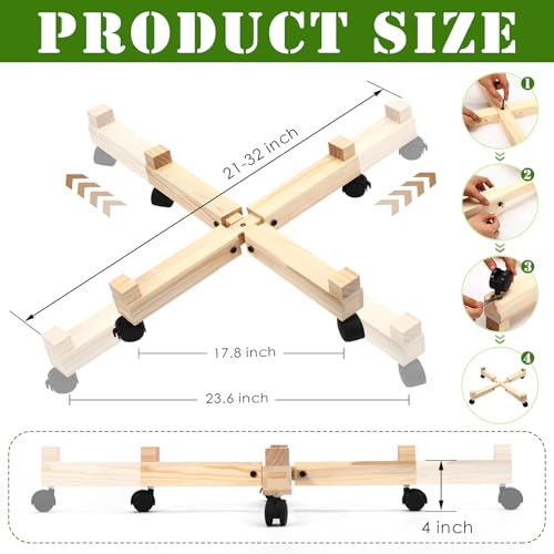 Novabright Adjustable Plant Stand with Wheels 21-30 Inch Heavy Duty Rolling Plant Dolly Wooden Caddy with 4 Lockable Caster Wheels for Outdoor Indoor Large Pots Planter