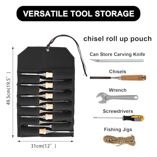 Chisel Roll, 6 Pockets Roll Up Tool Pouch, Waxed Canvas Small Tool Roll - color: 12-black